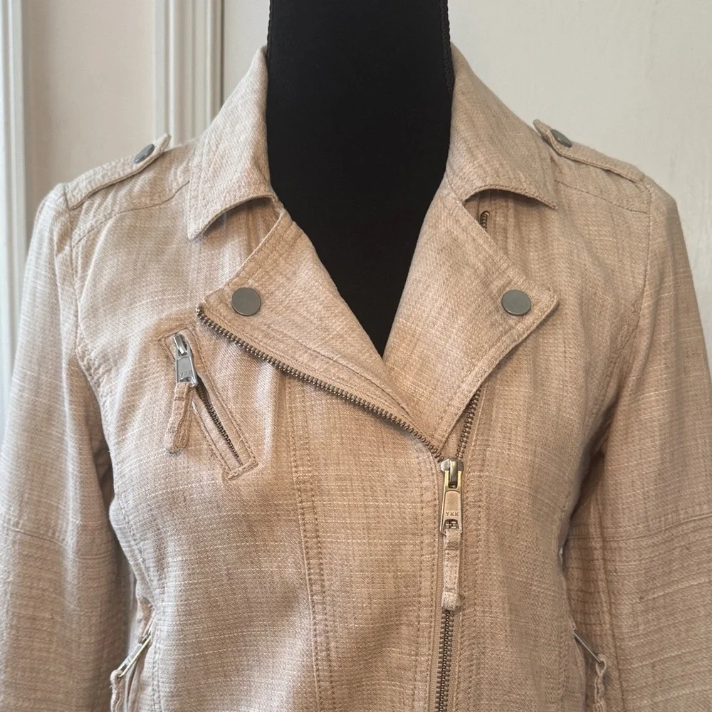 LOFT Women Tan Linen Moto Jacket Size XS casual,chic,versatile,lightweight